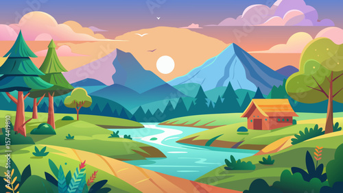 Vector art of a picturesque mountain valley at sunset, with a winding river and a small cabin nestled among trees