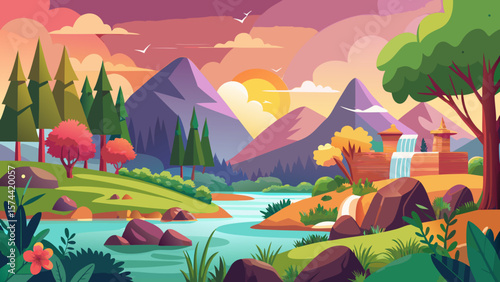 Vector art of a picturesque landscape features mountains, a river, waterfalls, and a temple at sunset