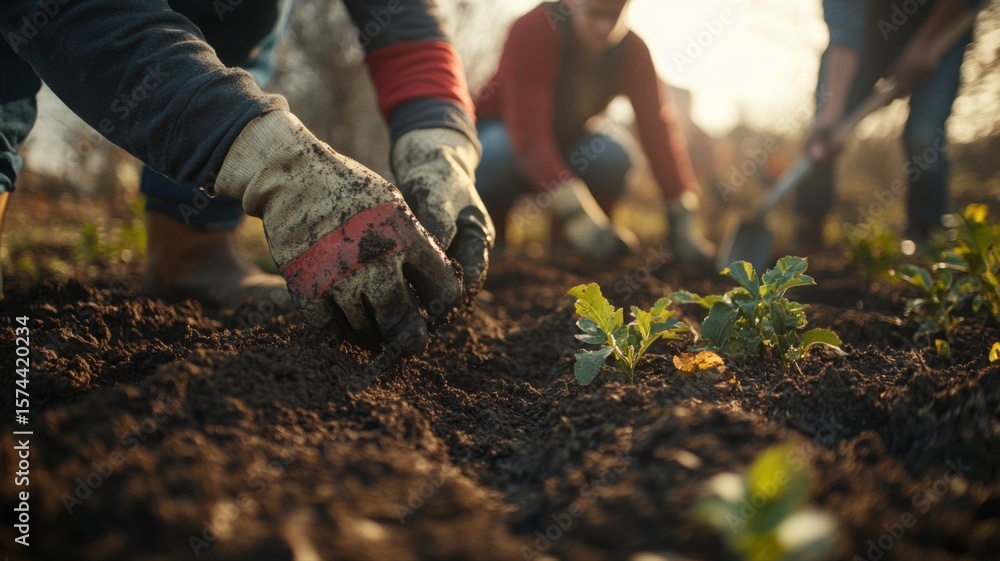 Fototapeta premium Hands Planting Young Plants in Garden Soil during Sunset hands soil sunset garden gardening growing