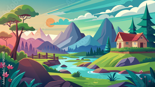 Vector art of a charming cartoon house sits in a picturesque valley with mountains, a river, and vibrant trees under a colorful sky