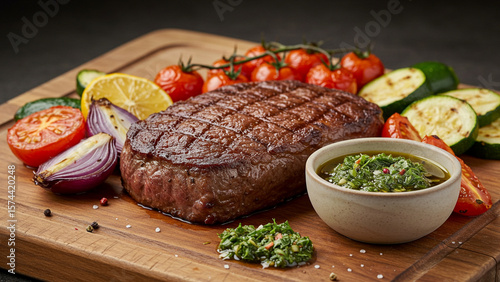 Sous-vide steak with chimichurri and roasted vegetables, arranged symmetrically