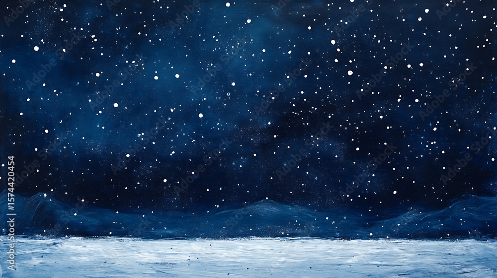 Naklejka premium White particles slowly drifting through a deep midnight blue environment, mimicking the calmness of snowfall 