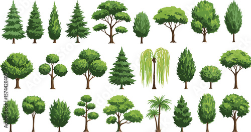Diverse green tree vector set, landscape design element, forest foliage illustration, nature assets for games, architecture, and environment scenes