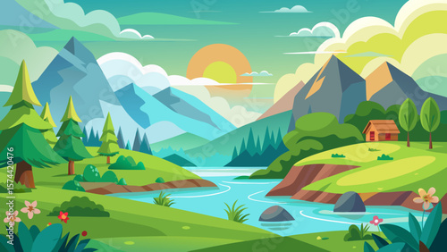 Vector art of a picturesque river winds through a valley with mountains and a small cabin under a vibrant sunset sky