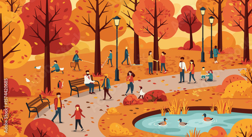 Vibrant Autumn Park with People, Fall Foliage, and Lake Illustration