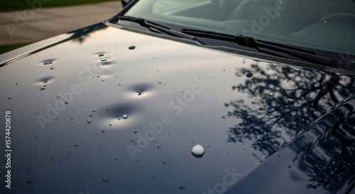 A close-up view of a car hood with water droplets and visible dents. The surface reflects surrounding trees and sky, indicating recent rain or hail damage.