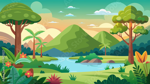 Vector art of a warm cartoon landscape at sunset shows a calm river flowing past mountains and trees, bathed in soft light
