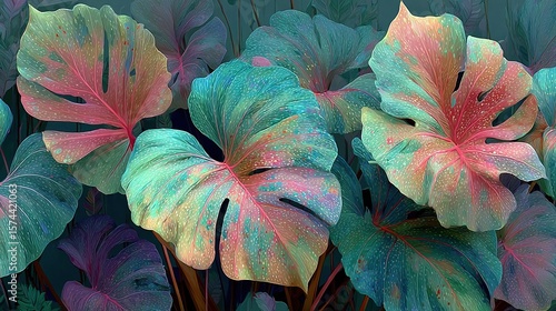 Lush tropical leaves watercolor texture in soft green and pink, organic pattern seamless repeat print design. Botanical foliage wallpaper background