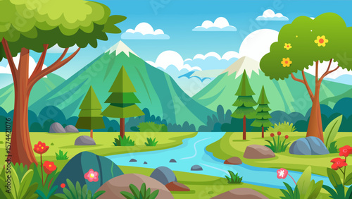 Vector art of a serene cartoon landscape features snowcapped mountains, lush green hills, and a flowing river