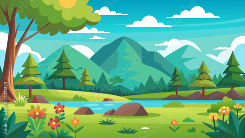 Vector art of a picturesque mountain valley with a calm river, green hills, and scattered trees under a clear blue sky
