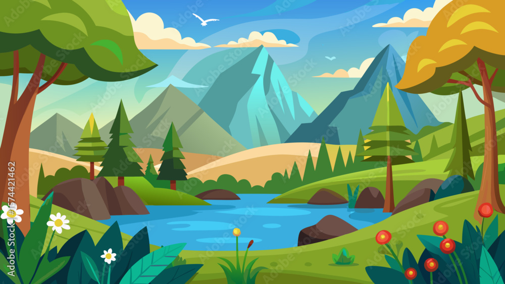 Obraz premium Vector art of a serene cartoon landscape presents rolling hills, a tranquil river, and majestic mountains under a sky with fluffy clouds and birds