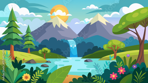 Vector art of an idyllic mountain panorama showcasing a river, waterfall, and vibrant flora bathed in warm sunlight