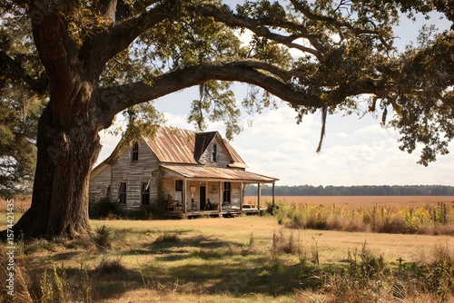 Abandoned Farmhouse Underneath a Large Oak Tree.