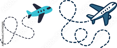 Blue and white airplanes with dotted flight paths aircraft