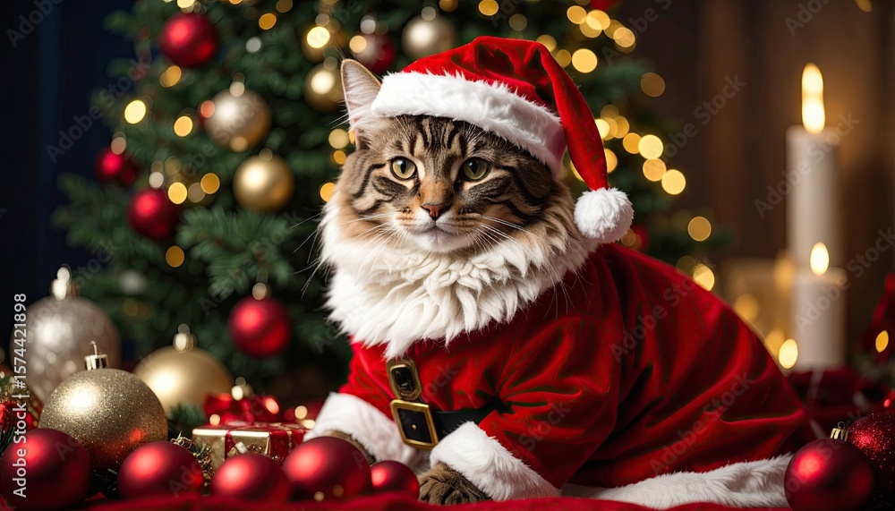 Cat in Santa suit by Christmas tree
