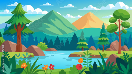 Vector art of a serene cartoon landscape displays mountains, a tranquil river, and verdant trees under a clear sky
