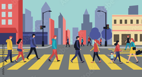 Diverse People Walking on Urban Crosswalk: City Life Pedestrian Traffic Illustration