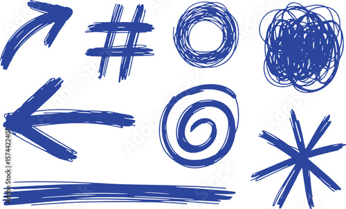 Blue hand drawn arrows hashtags circles and starburst graphic design elements vector