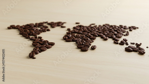 Coffee beans arranged into world map shape on light surface, International Coffee Day