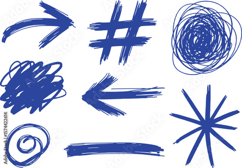 Blue hand drawn graphic elements including arrows hash symbol scribbles and starburst