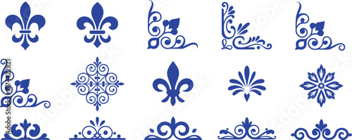 Blue ornamental flourishes and fleur de lis symbols vector