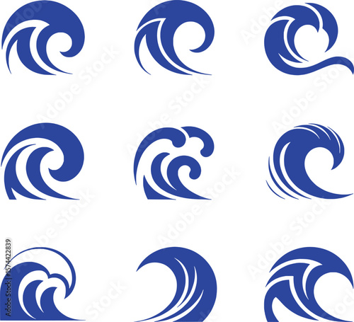 Blue ocean wave symbols and icons for design water
