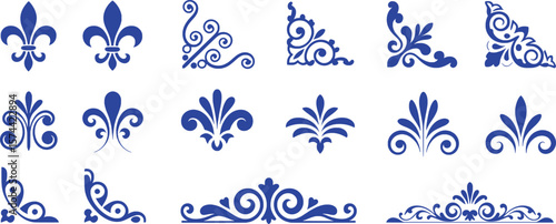 Blue ornate decorative elements and fleur de lis symbols vector