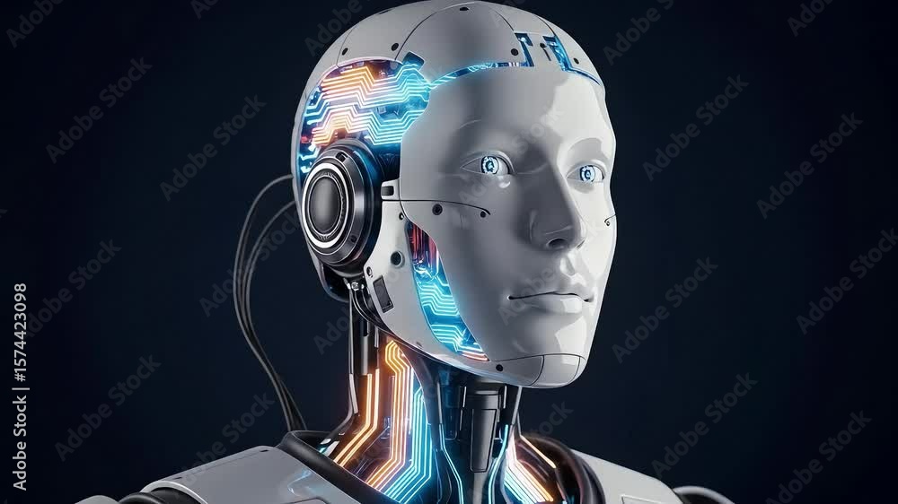 Futuristic robot head and torso close up Futuristic robot head and torso close up
