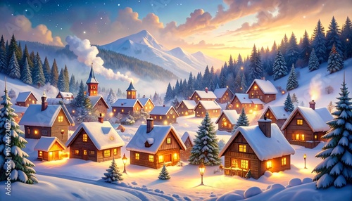Generated image: Picturesque Snowy Mountain Village at Sunset