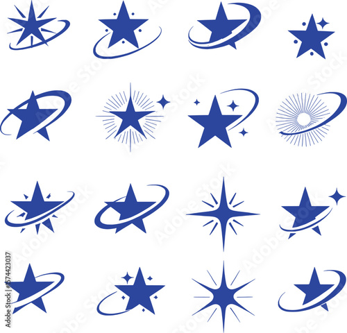 Blue star shapes with orbiting swooshes and radiating lines vector graphic