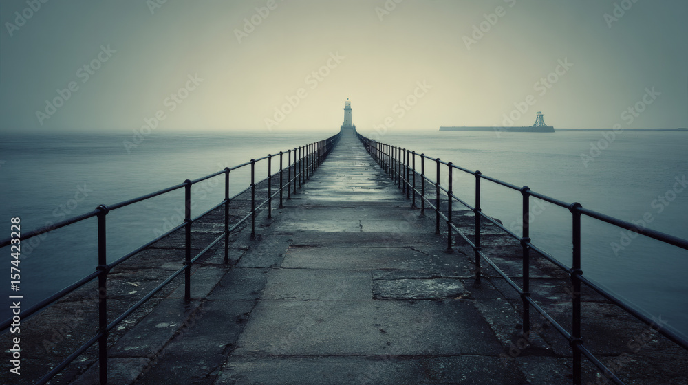 Obraz premium The long pier extends towards a lighthouse on a foggy, moody, and gray day.
