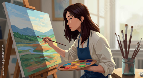 Creative Young Artist Painting Landscape on Canvas in Bright Studio