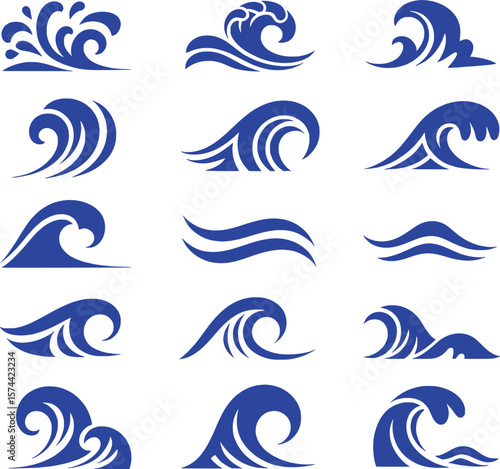 Collection of stylized blue ocean waves and water splashes vector