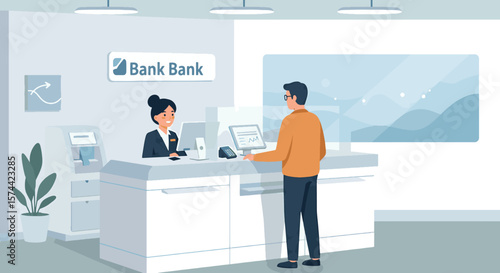 Modern Bank Customer Service: Client and Teller Interaction Illustration