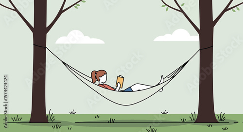 Relaxing Outdoor Leisure: Cartoon Woman Reading Book in Hammock Between Trees Illustration