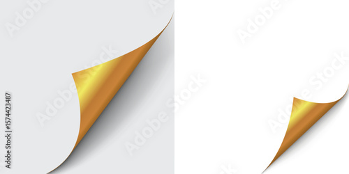 Blank page with curled edge corner and shadow, rolled up stickers, peel banners, bent sheet, curled page corner isolated on gray and white background, page curl with shadow on blank sheet