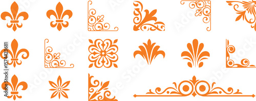 Orange floral decorative elements and flourishes ornament