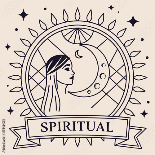 Monoline Hand Drawing Spiritual design featuring woman, crescent moon, and stars, evoking tranquility and mysticism