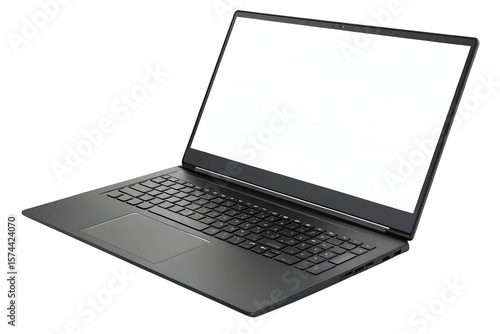 Top view silver laptop computer with dark keyboard layout visible, blank white screen shown, isolated on a transparent background