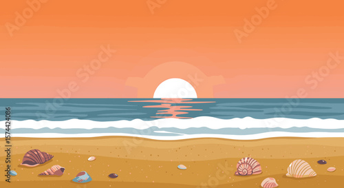 Golden Sunset Over Serene Beach with Ocean Waves and Seashells Vector Illustration