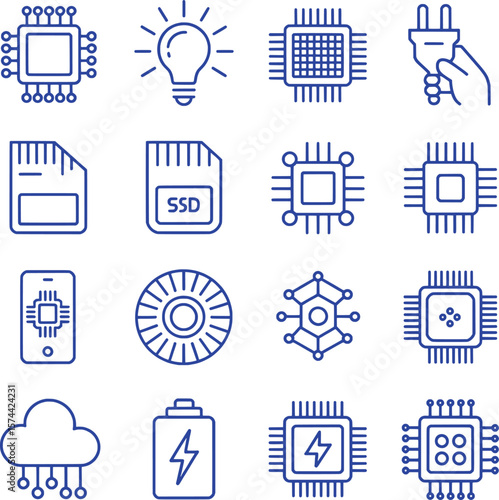 Technology icons computer chip lightbulb plug sim card ssd phone cloud battery processor