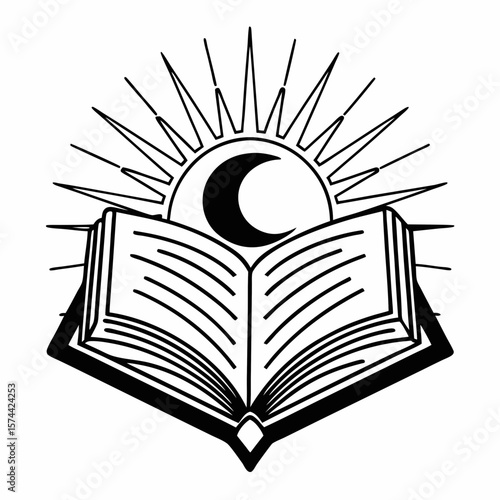 Monoline Hand Drawing Open book with sun rays and crescent moon symbolizing knowledge and enlightenment