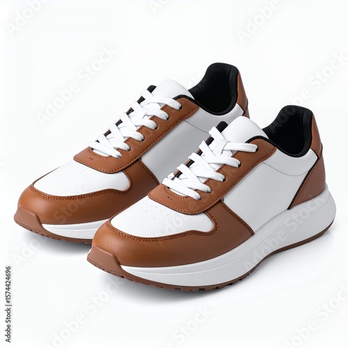 Two stylish athletic shoes in brown and white colors for urban lifestyles on white background