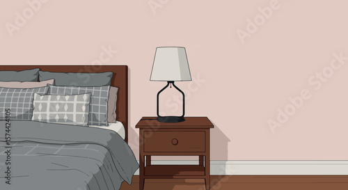 Bedroom Interior Illustration with Bed, Nightstand, and Table Lamp