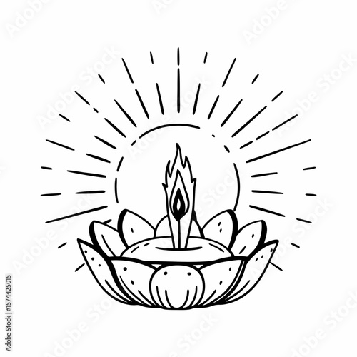 Monoline Hand Drawing Flame in lotus bowl radiates light, symbolizing enlightenment and peace