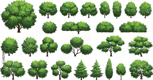Vector set of realistic green trees, forest shrubs, and garden bushes in cartoon style, nature landscape design illustration collection
