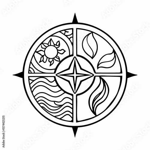 Monoline Hand Drawing Four element mandala design featuring earth, water, fire, and air symbols, radiating harmony