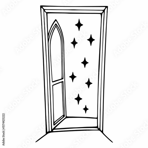 Monoline Hand Drawing Open doorway leading to star dimension, inviting exploration and wonder