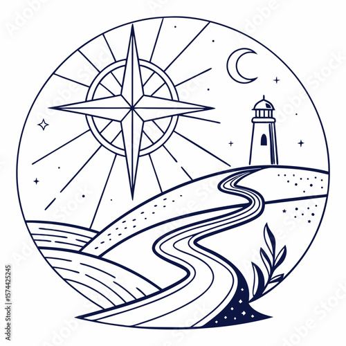 Monoline Hand Drawing Guiding star shines over winding path, leading towards lighthouse under crescent moon