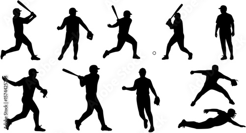 Set of baseball players icon vector silhouettes.
